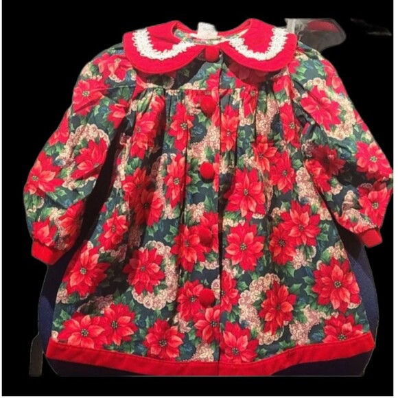VTG 90s Dress Poinsetta Rare Editions Christmas Union Made USA Painter Smock 4T - Picture 1 of 9